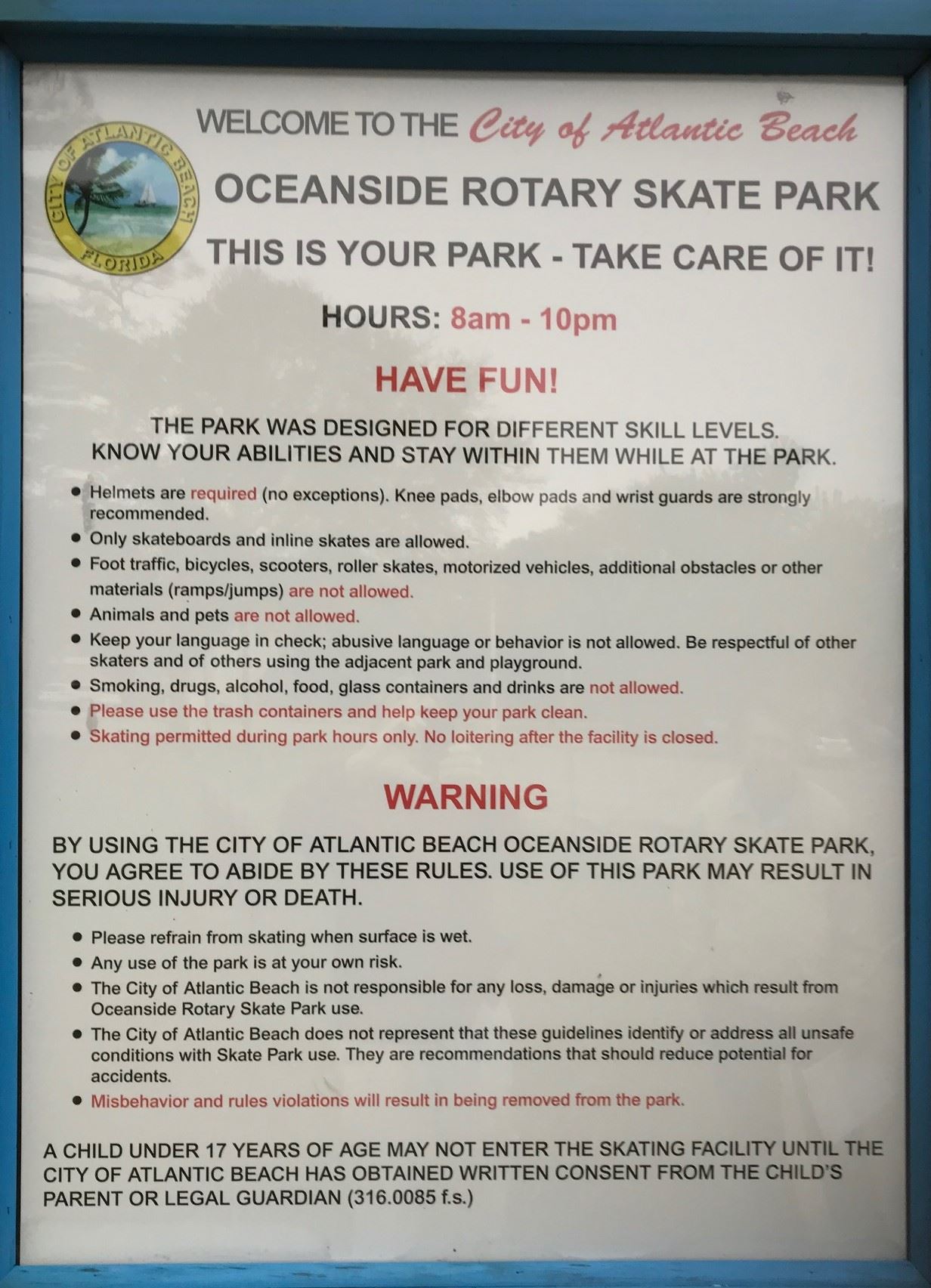Photo of sign listing the skate park’s rules Opens in new window