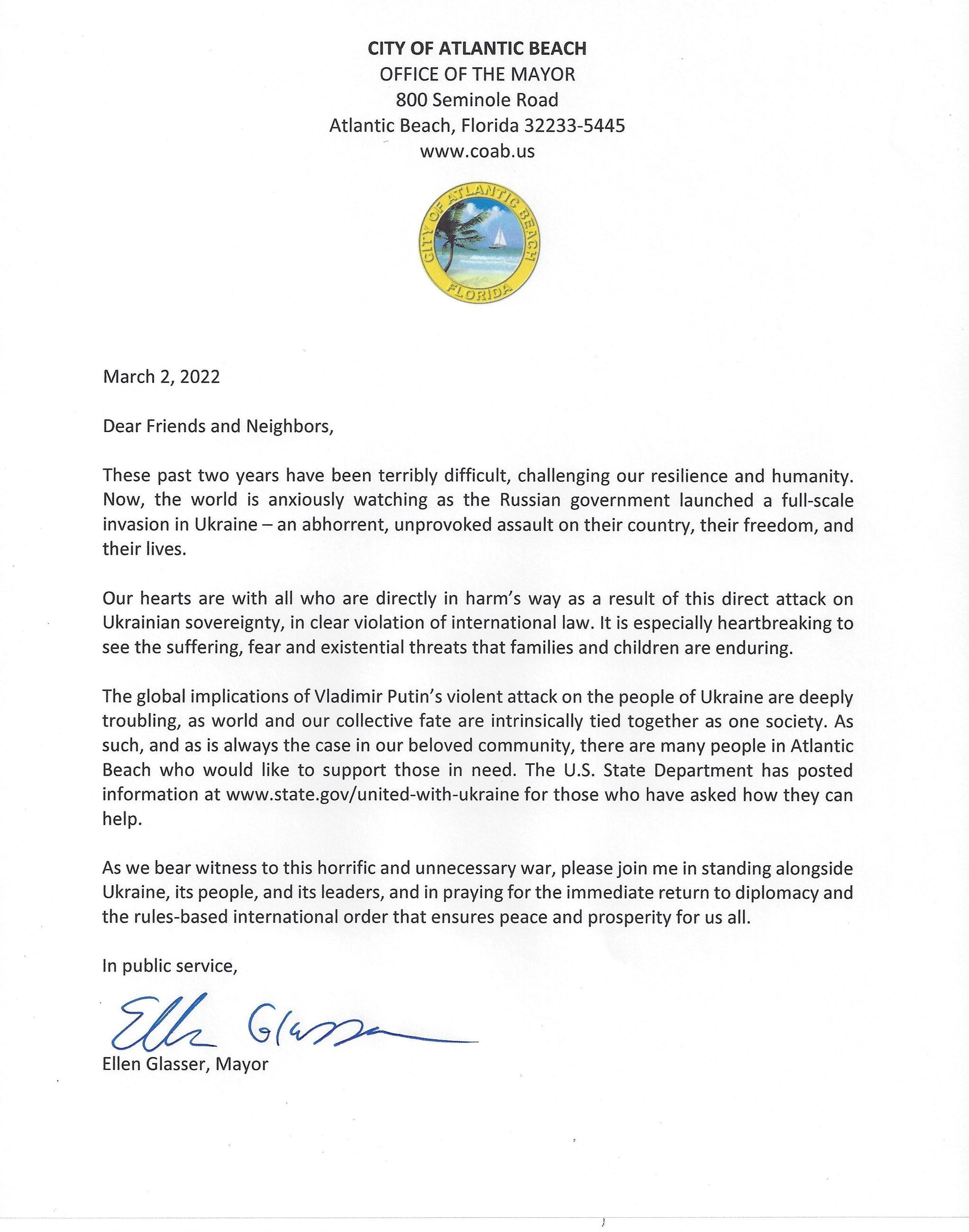 Image of Mayor Glasser's letter on the Russian government agression against Ukraine